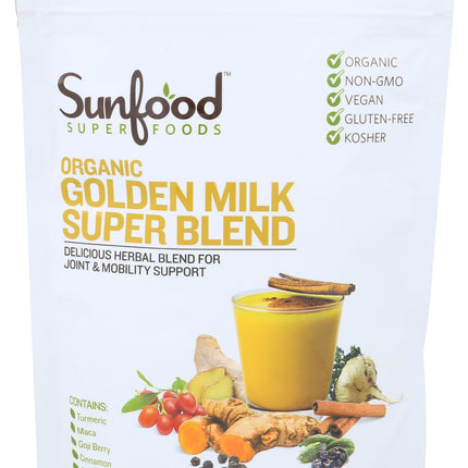 Sunfood Superfoods Organic Golden Milk Super Blend - Turmeric Latte Powder Mix with Ginger, Black Pepper, Cinnamon & Cardamom Spices, Vegan, USDA Organic, Gluten Free - 6 oz