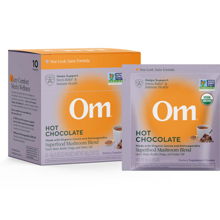 OM MUSHROOM SUPERFOOD Hot Chocolate Blend – Dutch Cocoa Mushroom Powder with Lion’s Mane, Reishi, Chaga & Turkey Tail – Focus, Calm & Stress Support – 2g Sugar, 25 Calories – Single Serve (10 Count)