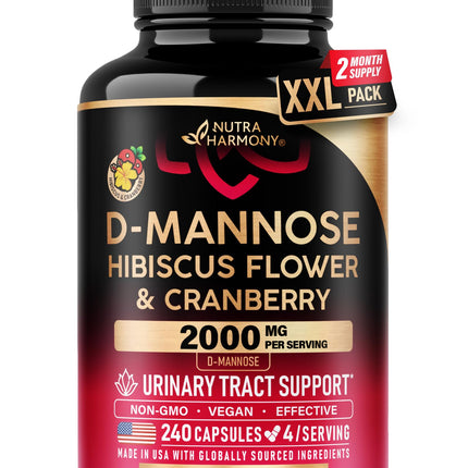 D-Mannose 2000mg with Cranberry & Hibiscus - Clinically Tested Strength for Urinary Tract Health - Supplement for Women - Bladder, Liver & Microflora Support - Lab Tested - Vegan, 240 Capsules