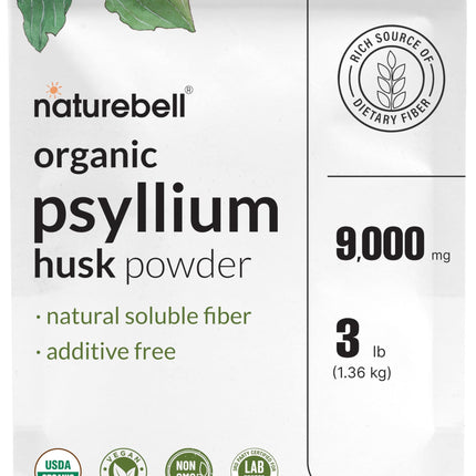 NatureBell Psyllium Husk Fiber Supplement, 9g Per Serving, 3lb (48oz) Powder | Organic Soluble Fiber for Digestive & Gut Health | Plant-Based, Unflavored, Non-GMO, Gluten-Free*