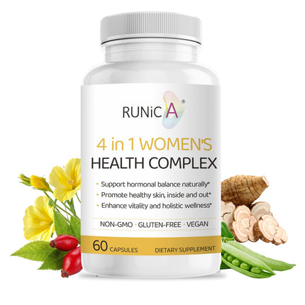 RUNICA 4-in-1 Women’s Hormonal Balance Complex Supplement | Rosehip, Pueraria & Evening Primrose with Soy Isoflavones | Menstrual Cycle, Menopause, Energy Level & Healthy Skin Support