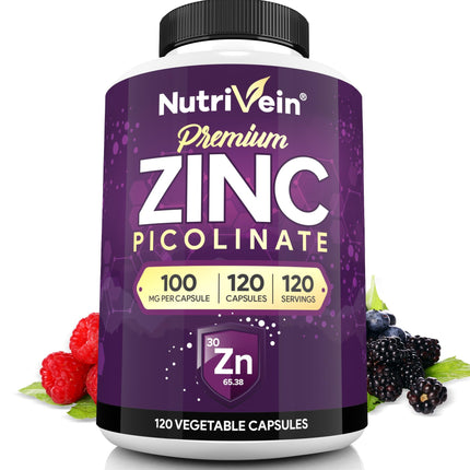 Nutrivein Premium Zinc Picolinate 100mg - 120 Capsules for Adults: High-Absorption Zinc Picolinate Supplements - Essential Nourishment for Overall Wellness - Max Bioavailability