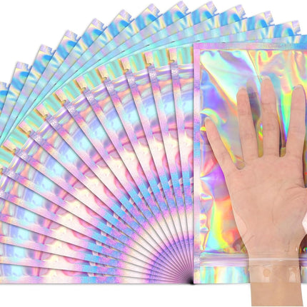 FUNFERY 6.3x9.4 SmellProof Holographic Resealable Bag,Clear Mylar Favor Bag