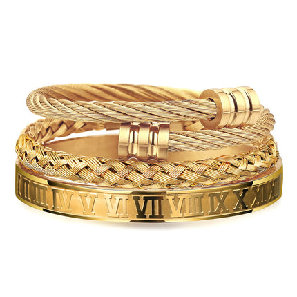 WFYOU 3PCS Stainless Steel Bracelets for Men Gold Roman Numeral Bangle Twisted Cable Adjustable Cuff Bracelet Mens Luxury Jewelry Gifts