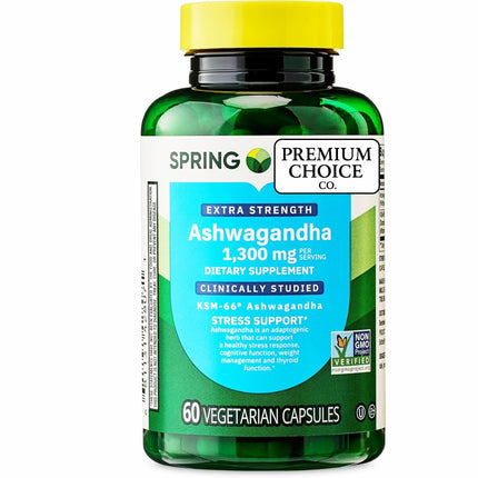 Premium Choice Co Spring Valley Ashwagandha - 1300mg – 60 Count – Includes Sticker