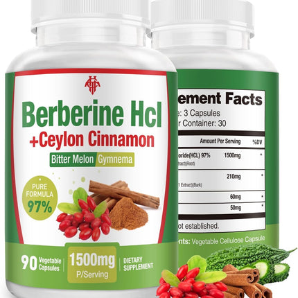 CHANUBITO Berberine Supplement 1500mg - Premium Berberine HCl 97% Purity Berberine Plus Pure Ceylon Cinnamon, High Potency Berberine for Men Women, Non-GMO Vegan