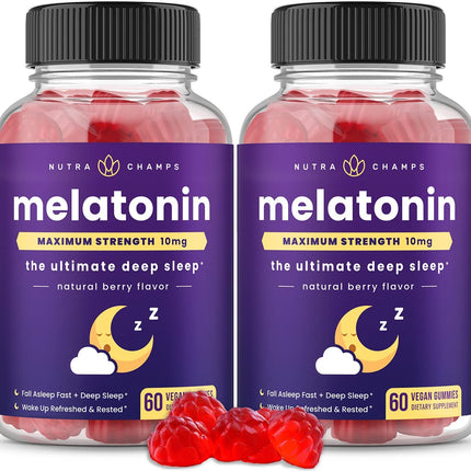 NutraChamps (Pack of 2 Melatonin Gummies for Adults, Extra Strength Sleep Aid Vitamins, 5mg or 10mg Dose, Vegan Natural Strawberry Flavor Supplement for Better Sleep, 120 Gummies