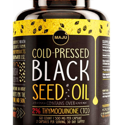 Maju Superfoods Black Seed Oil Capsules - Cold Pressed, 2% Thymoquinone, 100% Turkish Black Cumin Nigella Sativa Seed Oil, Liquid Pure Blackseed 60 Count, 500mg per Capsule