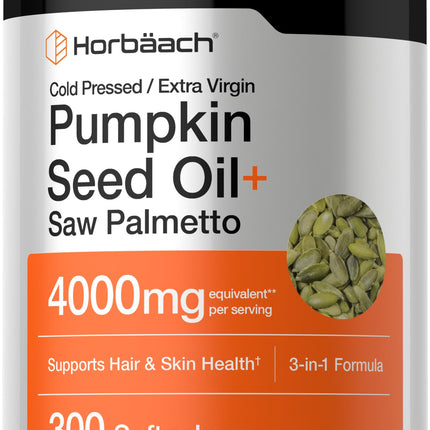 Horbäach Pumpkin Seed Oil with Saw Palmetto 4000mg | 300 Softgel Capsules | Hair and Skin Support for Men and Women | Cold Pressed & Extra Virgin | 3 in 1 Formula with Biotin | Non-GMO, Gluten Free