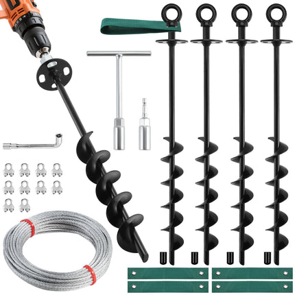 Ciyivak 18'' Ground Anchors Screw in Heavy Duty, Shed Anchor Kit with Straps & Steel Cable & Tools, Earth Anchors for Mobile Home, Carports, Swing Set, Tree, Trampoline - Secure Against High Winds(4)