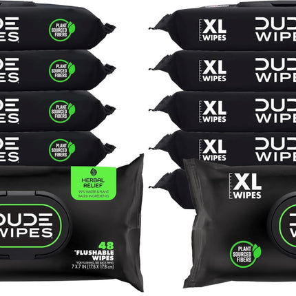 DUDE Wipes Herbal Relief Flushable Wipes - Extra-Large Adult Wet-Wipes - Infused with Soothing Witch Hazel, Geranium Essential Oils, Vitamin E, and Aloe - Septic and Sewer Safe 48 Count (Pack of 12)