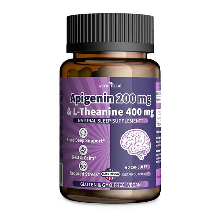 Anven Health 400mg L-Theanine with 200mg Apigenin Supplement for Sleep-Natural Relaxation & Stress Relief - Gluten Free,Non-GMO, Zero Fillers - Made in USA | 60 Veggie Capsules
