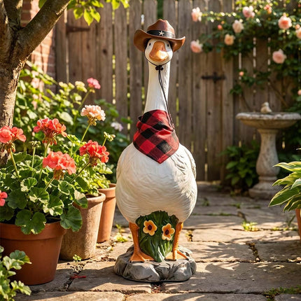 Premium Adjustable Large Porch Goose Statue – 14 Inch Realistic Hollow Plastic Garden Goose with Removable Cowboy Hat & Bandana, Stone Base with Sand-Fillable Design for Outdoor Stability (White)