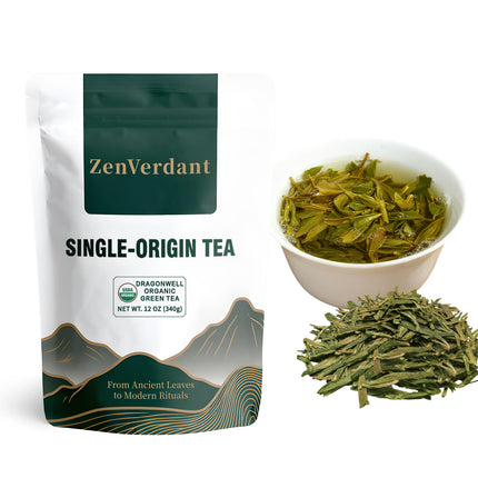 ZenVerdant Organic Longjing Dragon Well Green Tea Loose Leaf, 12 oz, USDA Certified, Throat Soothing, 100+ Servings