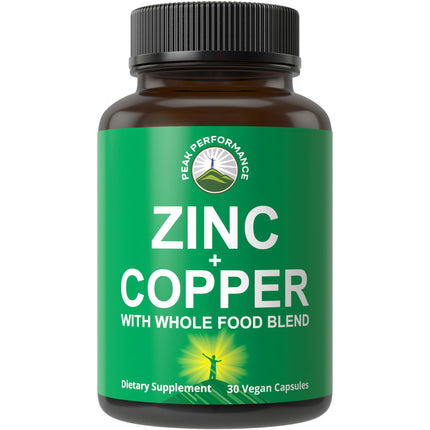 Peak Performance Zinc with Copper + Whole Food Blend of 25 Vegetables and Fruits for Max Absorption - Immune Support Supplement Capsules - Two Essential Minerals for Immunity - Pills for Men & Women