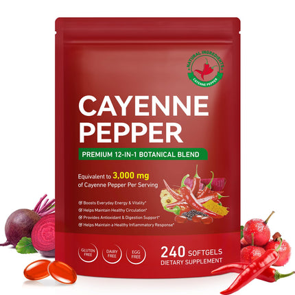 DLOMFVFQ Cayenne Pepper Softgels Supplement, Rich in Vitamin E D3+K2 and Extracts of Grape Seed, Hawthorn, Beetroot and Others, Supports Leg Vein, Heart and Blood Vessel Health- 240 Softgels/1 Pack