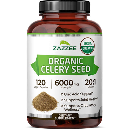 Zazzee USDA Organic Celery Seed 20:1 Extract, 120 Vegan Capsules, 4 Month Supply, Apium Graveolens, Antioxidant & Cellular Support, Organic Herbal Supplement, All-Natural, Non-GMO, Made in the USA
