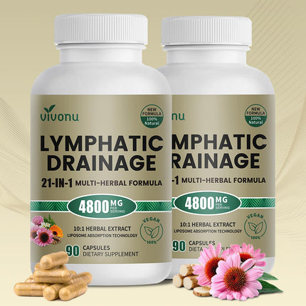 21-in-1 Liposome Lymphatic Drainage Supplements, 90 Day Supply, 4800mg Immune & Lymph System Support, 10:1 Concentrated Technology, Echinacea, Dandelion, Burdock, Bromelain, Calendula, 2 Bottle