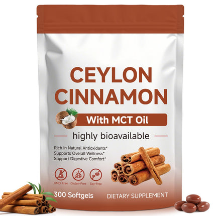 RTEWXLP Ceylon Cinnamon Softgels with MCT Oil – Herbal Cinnamon Supplements for Metabolism Support & Digestive Comfort – Non-GMO & Gluten Free – 300 Softgels