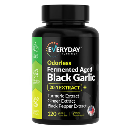 EVERYDAY NUTRITION Odorless Fermented Aged Black Garlic Extract with Turmeric Complex, Ginger, Black Pepper Extract, 120 Veggie Capsules