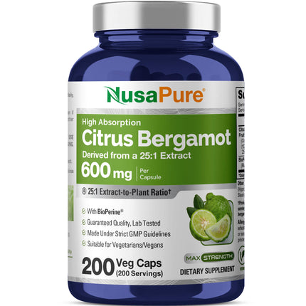 NusaPure Citrus Bergamot Capsules, 600 mg, 200 Veg Capsules (Non-GMO, Vegan)