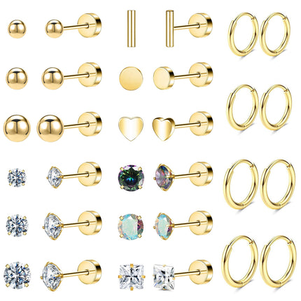 Hypoallergenic Titanium Earrings for Sensitive Ears 14K Gold Plated Opal Ball CZ Heart Flat Back Earrings for Women Men Small Surgical Steel Flatback Stud Hoop Cartilage Earring Set for Multiple Piercing (D-Gold Tone-16Pairs)