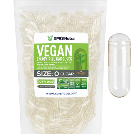 XPRS Nutra Size 0 Empty Capsules - 1000 Count Clear Empty Vegan Capsules - Vegetarian Pills - DIY Vegetable Capsule Filling - Veggie Pill Caps for Do-It-Yourself Supplements
