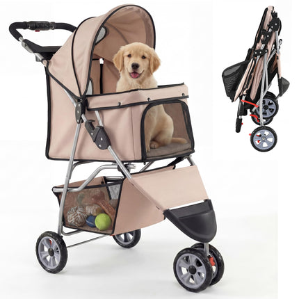 Giantex 3 Wheel Foldable Dog Stroller for Small Dogs Cats, Lightweight Pet Stroller with Lockable Wheels, One-Hand Quick Fold, Mesh Windows, Safety Leash & Storage Basket, Pet Travel Stroller (Beige)