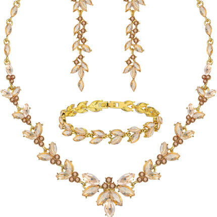 Paxuan Wedding Jewelry Sets for Bride Bridesmaid Bridal Jewelry Set for Women Wedding Crystal Necklace Earrings Bracelet Set for Party Prom Jewelry (Champagne - 14K Gold)
