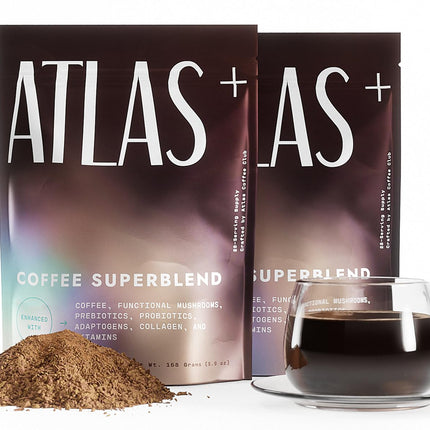 Atlas+ Mushroom Coffee Superblend– Premium Coffee with Collagen, Probiotics, D3 & B12, Lion’s Mane, Reishi, Cordyceps– for Energy, Focus, Immunity & Gut Health– 56 Servings (2 Bags)