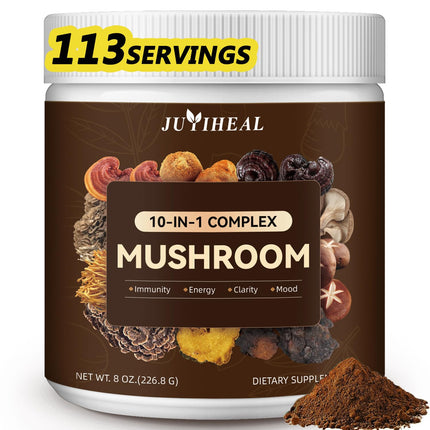 JUYIHEAL 10-in-1 Mushroom Powder, 2000MG Mushroom Complex - Lions Mane, Reishi, Shiitake, Chaga, Turkey Tail, Cordyceps, Maitake & More, Mushroom Blend Powder for Energy, Memory, Focus, 8oz