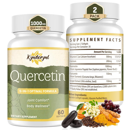 Quercetin Supplement 1000mg Softgels – Joint Health Supplement for Mobility, Flexibility & Antioxidant Boost with Turmeric, Grape Seed Extract & Non-Acidic Vitamin C – 60 Vegan Softgels – 2Pack