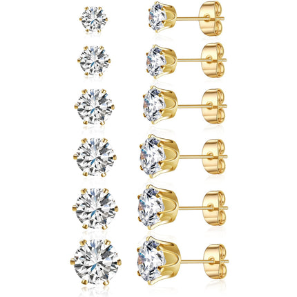 Gemsme 3-8mm Cubic Zirconia Gold Earrings for Women/Men Trendy - Hypoallergenic Stainless Steel With 18K Yellow Gold Plated 6-Sprong-setting Round CZ Stud Earrings Set - 6 Pairs