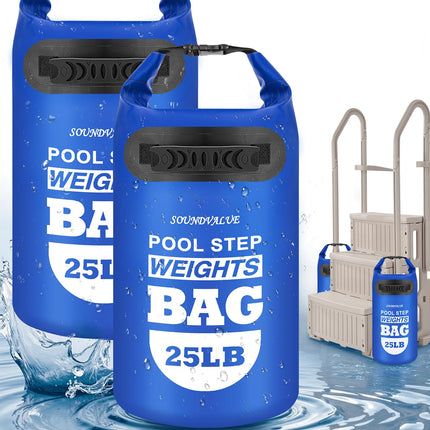 2 Pack 25lb Heavy Duty Pool Ladder Weights, Universal Above Ground Pool Step Sand Bags with Handles, 500D PVC Durable Waterproof & Foldable Sandbags for Swimming Pool Stairs (Navy Blue)