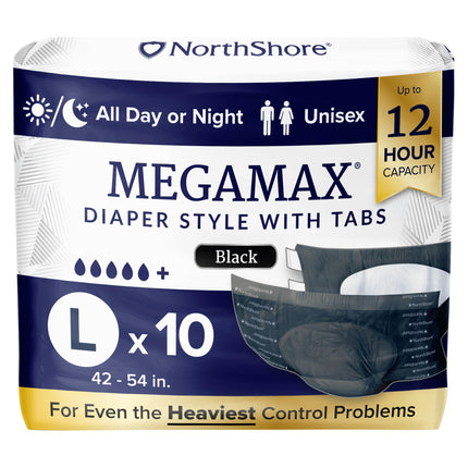 NorthShore MegaMax 12-Hour HBL Adult Diapers for Heavy Bladder Leaks, Large, 10 Count, Black, 42-54 inches, Tab-Style Incontinence Underwear for Men, Women & Teens
