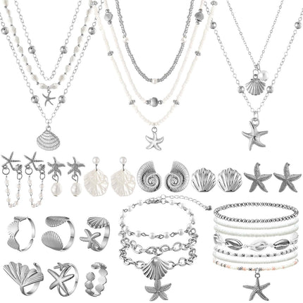 23 Pcs Seashell Starfish Jewelry Set Summer Mermaid Accessories, Silver