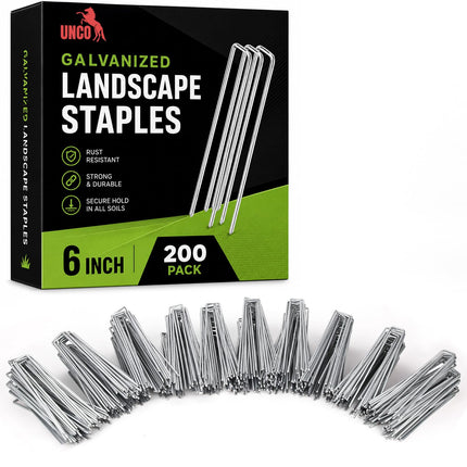 UNCO- Galvanized Landscape Staples 6 Inch, 200 Pack, Garden Staples, U-Shaped Landscape Pins for Weed Barrier Cover, Ground Cover