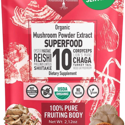 USDA Organic 10 Mushroom Supplement Powder, Focus & Immune Support | 100% Fruiting Body, Lions Mane, Cordyceps, Reishi Mushroom, Chaga, Turkey Tail, Mushroom Coffee addin -NO Grain Filler 60 servings