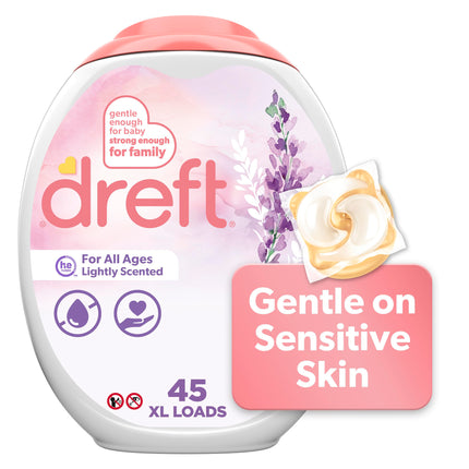 Dreft Laundry Detergent Pacs, Lightly Scented, Lavender, For Baby and Family, XL Pacs, 45 Count