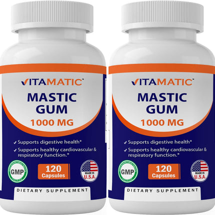 Vitamatic 2 Pack Mastic Gum 1000mg per Serving - Support Digestive Function, Gastrointestinal Health, Immune and Oral Wellness, Total 240 Capsules