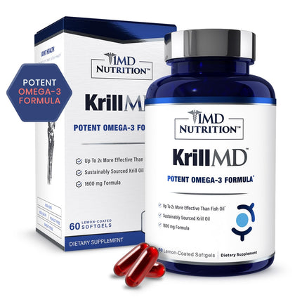 1MD Nutrition KrillMD - Antarctic Krill Oil Omega 3 Supplement with Astaxanthin, EPA, DHA | 2X More Effective Than Fish Oil | 60 Softgels