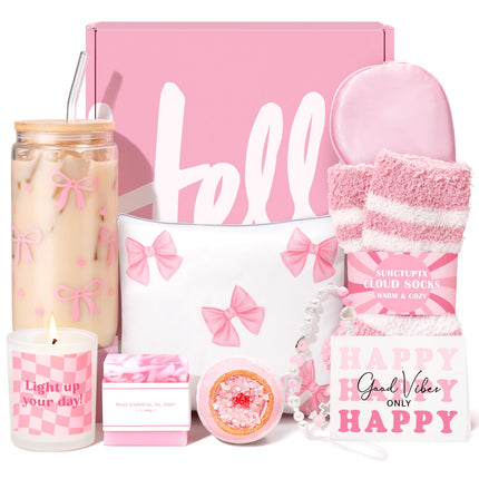 Gift Baskets for Women, 9pcs Birthday Gifts for Teenage Girls, Best Christmas Ideas Box w/Coquette Bow Aesthetic Cup Trendy Stuff for Her Teen Girl Sister Friend Friendship Sweet 16th 18th 21st Bday