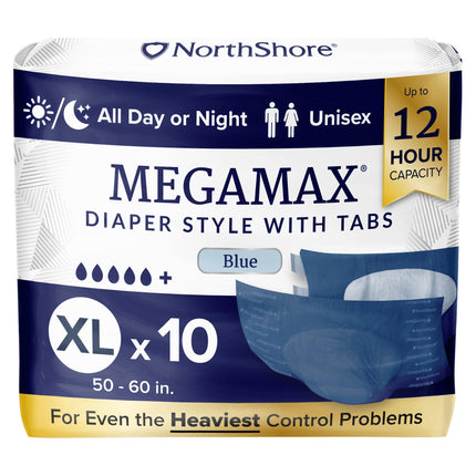 NorthShore MegaMax 12-Hour HBL Adult Diapers for Heavy Bladder Leaks, X-Large, 10 Count, Blue, 50-60 inches, Tab-Style Incontinence Underwear for Men, Women & Teens