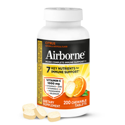 Airborne Citrus Chewable Tablets, 200ct | Immune Support Supplement with 1000mg Vitamin C + Vitamins A, D, E, Zinc,Selenium, & Manganese | Herbal Blend | Gluten Free