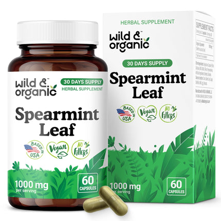 Wild & Organic Spearmint Capsules - Digestive & Women's Support - 1000 mg Spearmint Supplement - 30 Days of Supply - 60 Leaves Extract Capsules - Vegan, Non-GMO, Gluten-Free, No Fillers
