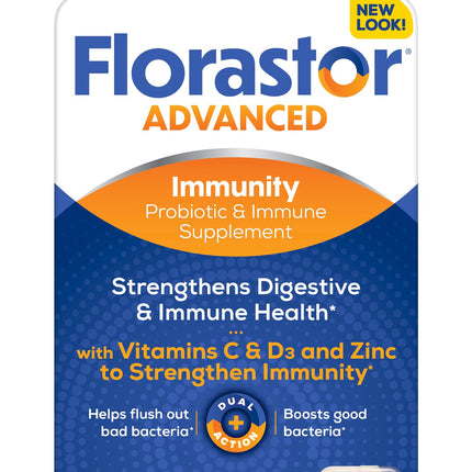 Florastor Advanced Immunity Boost Daily Probiotic & Immune Support Supplement for Women and Men, Saccharomyces Boulardii CNCM I-745 Plus Zinc, Vitamin C & D3 (30 Capsules)