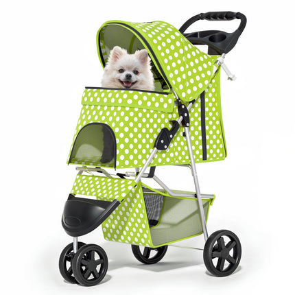 MoNiBloom 3 Wheels Pet Dog Cat Stroller for Small Medium Dogs Cats, Foldable Jogger Stroller w/Storage Basket and Cup Holder, Lawn Green Polka Dots