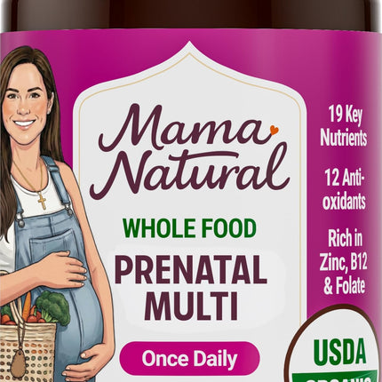 Mama Natural Organic Prenatal Vitamins for Women Vegan (30 Servings) | One A Day Prenatal Vitamins for Pregnant Women | Food Based, Non-GMO & Gluten-Free - Pre Natal Multivitamin with Folate