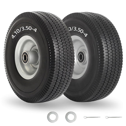 GICOOL 4.10/3.50-4" Flat Free Tire and Wheel, 10" Solid Tire with 5/8" Axle Bore Hole, 2.2" Offset Hub for Hand Truck Garden Wagon Cart Trolley Dolly Lawn Mover Replacement