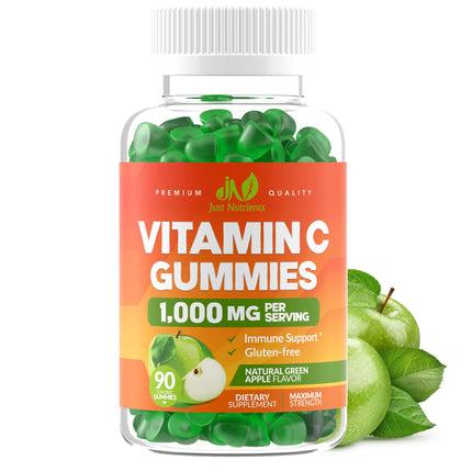 Vitamin C 1000mg Gummies (90 Count) - Maximum Strength Chewable Immune Support & Collagen Support for Adults & Kids - Natural Green Apple Flavor - Gluten Free, Non-GMO, Vegetarian - 90 Gummies